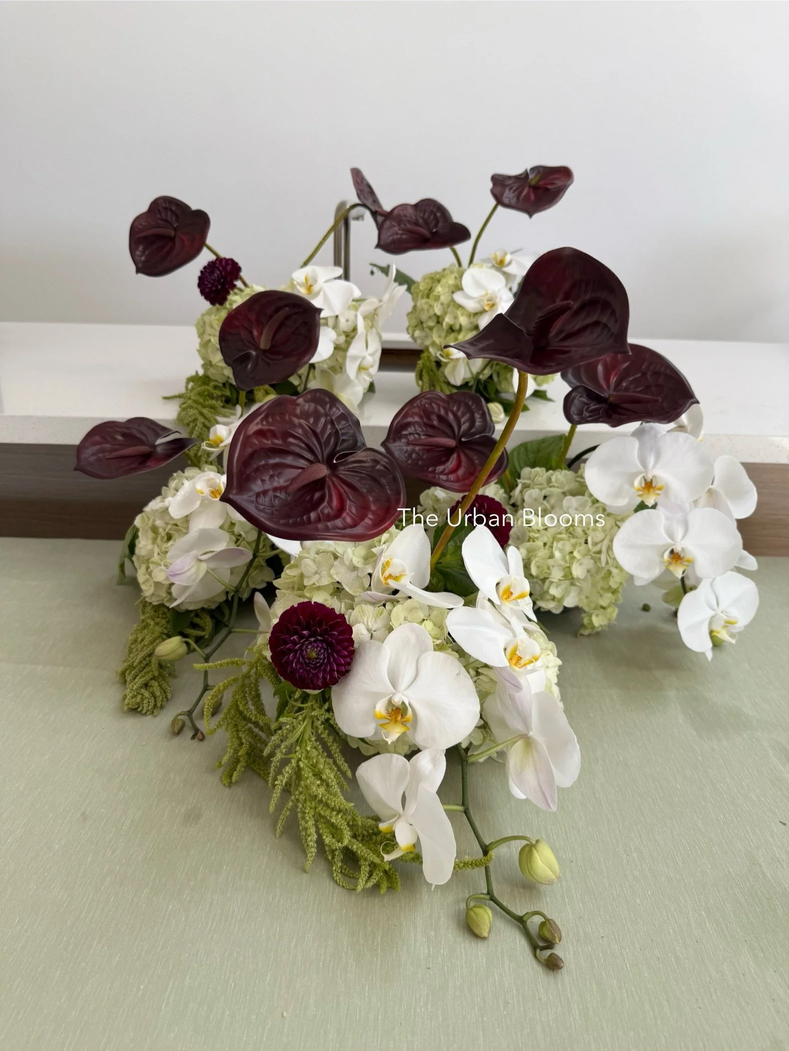 White orchids, dark purple anthuriums and green hydrangea arrangement