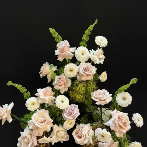 Blush garden rose and chrysanthemum arrangement by The Urban Blooms